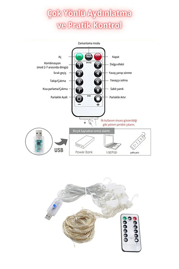 3x3 Metre USB'li 8 Animasyonlu Uzaktan Kumandalı Gün Işığı Peri Tel Led Perde